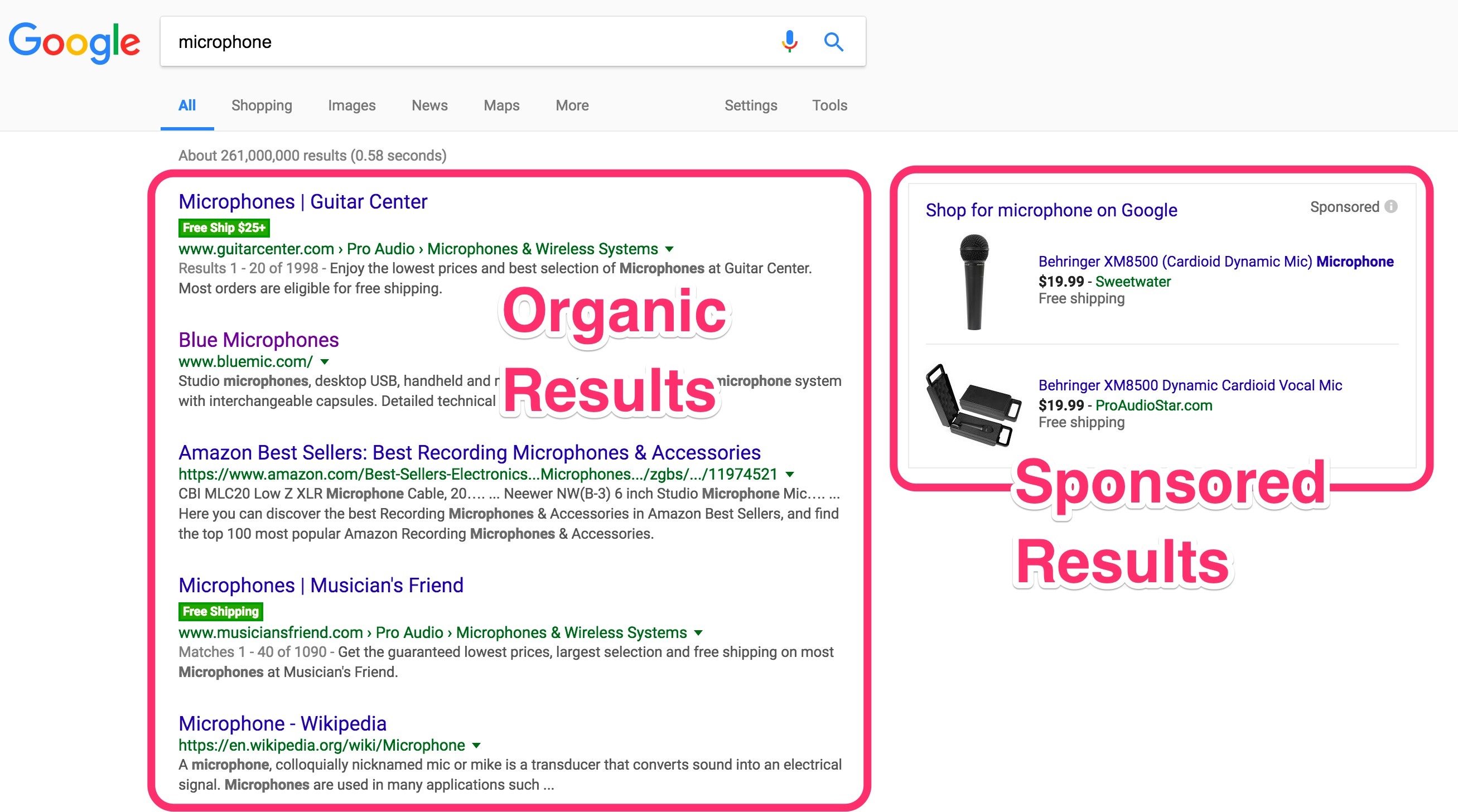 Google Search Results showing organic and sponsored listings